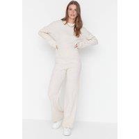 WOVCOR Women's 2-Piece Loose Fit Basic Ribbed Knit Top & Pants Set in Ecru | Size: Large