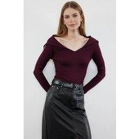 WOVCOR Women's Carmen Collar Knit Sweater Off-Shoulder Rib Knitted Jumper in Plum | Size: Small