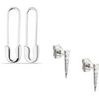 Spero London Women's Long Pave Dagger Stud & Safety Pin Earring Set in Silver