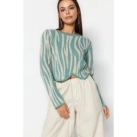 WOVCOR Women's Zebra Print Cropped Knit Sweater in Mint | Size: Medium