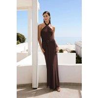 WOVCOR Women's Maxi Elegant Evening Dress with Accessory Detail in Brown | Size: 12