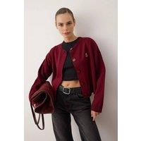 WOVCOR Women's Embroidered Detail Crew Neck Knit Cardigan in Burgundy | Size: Medium
