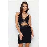 WOVCOR Women's Lace Trim Cut Out Ribbed Knit Strappy Nightdress in Black | Size: XS