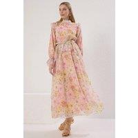 WOVCOR Women's Floral Print Belted High Neck Maxi Dress | Size: 8