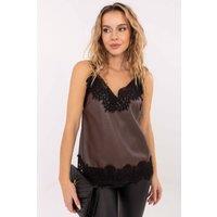 Love Lace Women's V Neck Lace Trim Leather Look Cami Top in Brown