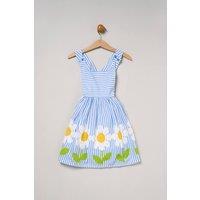 Miss Girl's Daisy Print Striped Dress in Blue | Size: 3 Years