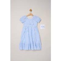 Miss Girl's Puff Sleeve Stripe Dress & 2-Pack Hair Clips Set in Blue | Size: 5 Years