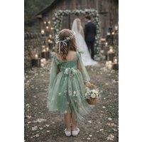 UK Flower Girl Boutique Girl's Enchanted Angel Dress - Embroidered Fern in Light Green | Size: 2-3 Years