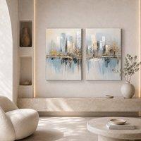 Mafett Abstract Blue Gold Cityscape Diptych Canvas Wall Art | Size: W24 x H32