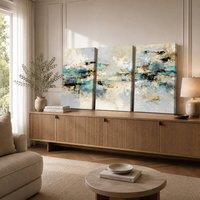 Mafett Abstract Blue Gold Wall Art Set of 3 Coastal Triptych Canvas | Size: W24 x H32