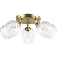 Happy Homewares Antique Brass Triple Spot Ceiling Light with Clear Ribbed Glass Shades in Metallic Gold
