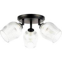 Happy Homewares Matte Black Triple Spot Ceiling Light with Clear Ribbed Glass Shades
