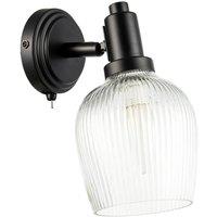 Happy Homewares Classy Matte Black Switched Wall Light with Clear Ribbed Glass Shade