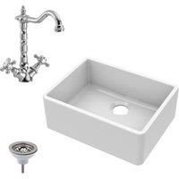 Balterley Fireclay Kitchen Butler Sink, Waste & French Tap, 595mm - Chrome in Silver