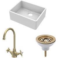 Balterley Fireclay 1 Bowl Butler Sink Waste Handle Tap Brushed Brass 595mm in White