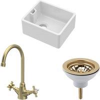 Balterley Fireclay Compact 1 Bowl Belfast Sink Waste Tap Brushed Brass 460mm in White