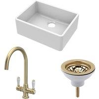 Balterley Fireclay 1 Bowl Butler Sink Strainer Waste Tap Brushed Brass 595mm in White