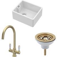 Balterley Fireclay Compact 1 Bowl Belfast Sink Waste Tap Brushed Brass 460mm in White