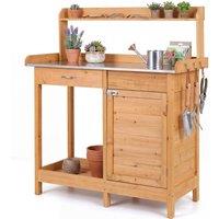 Costway Garden Potting Bench Table Wood Plant Workstation w/ Lockable Cabinet in Natural