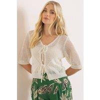 Klass. Women's Open Knit Tie Front Short Sleeve Cardigan in White | Size: XL