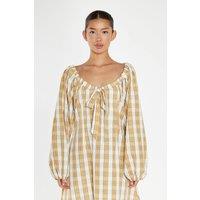 Shnoo Women's Gathered Tie-Neck Midi-Dress in Beige | Size: 10