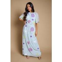 Oasis Women's Petite Angel Sleeve Statement Embellished Maxi Dress in Light Blue | Size: 12
