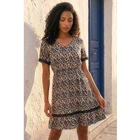 Roman Women's Animal Print Embroidered Stretch Short Dress in Natural | Size: 20