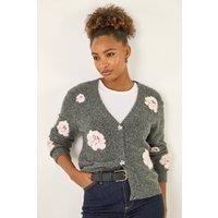 Roman Women's Embossed Floral Knit Cardigan in Grey | Size: 10