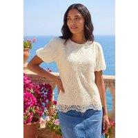 Roman Women's Sequin Lace Puff Sleeve Top in Cream | Size: 18
