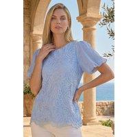 Roman Women's Sequin Lace Puff Sleeve Top in Light Blue | Size: 16