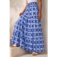Roman Women's Tile Print Shirred Maxi Skirt in Navy | Size: 16