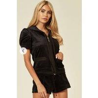 CY Women's Velvet Zip-Up Hoodie & Low Waist Shorts Co-Ord Set in Black | Size: Large