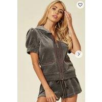 CY Women's Velvet Zip-Up Hoodie & Low Waist Shorts Co-Ord Set in Grey | Size: Large