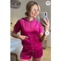 CY Women's Velvet Zip-Up Hoodie & Low Waist Shorts Co-Ord Set in Pink | Size: Small
