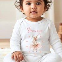 Aye Do Gifts Girl's Personalised Ballet Bunny Baby Outfit - Baby Grow in White | Size: 0-3 m