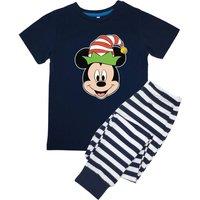 Disney Boy's Mickey Mouse Face Stripes Short-Sleeved Long Pyjama Set in Navy | Size: 4-5 Years
