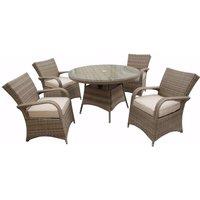 FURNITURE ONE Men's Rattan Effect 4 Seater Dining Set Round Table & chair set NO ASSEMBLY & ALUMINIUM FRAME in Beige