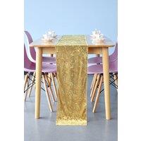Neel Blue Crushed Velvet Table Runner, 33cm x 274cm in Gold | Size: 33 cm x 274 cm