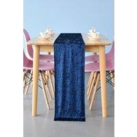 Neel Blue Crushed Velvet Table Runner, 33cm x 274cm in Navy | Size: 33 cm x 274 cm