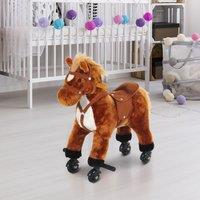 HOMCOM Kids Walking Horse Wooden Action Pony Wheeled Rocking Horse Plush Toy in Brown