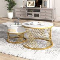 Merax 2 Piece Round Marble Effect Coffee Table Set with Drawer in White