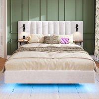 Rolipo Upholstered Double Bed 135 x 190cm With LED Lights & USB in White | Size: 135 x 190 cm