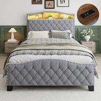 Rolipo Double Storage Bed Grey Velvet With LED Headboard 135x190cm | Size: 135x190 cm