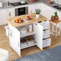 Rolipo Drop Leaf Rolling Kitchen Island with Storage Drawers & Doors in White