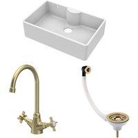 Balterley Fireclay 1 Bowl Butler Sink Overflow Waste Tap Brushed Brass 795mm in White