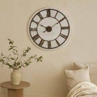 Wyld Haus 70cm Rustic Whitewashed Wooden Wall Clock Aged Metal Roman Numerals in Bronze