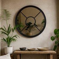 Wyld Haus Large Black Industrial Round Wooden Windowpane Mirror