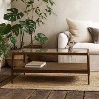 Wyld Haus Denver Walnut Coffee Table with Glass Top & Lower Shelf in Brown