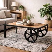 Wyld Haus Toivakka Industrial Reclaimed Wood & Metal Coffee Table with Wheels in Brown