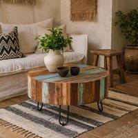 Wyld Haus Seattle Reclaimed Wood Drum Coffee Table with Metal Hairpin Legs in Brown